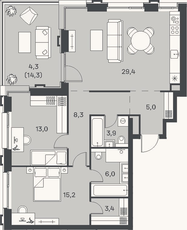 Планировка: 3-к, 84,2 м²