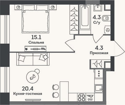 Планировка: 2-к, 45,4 м²