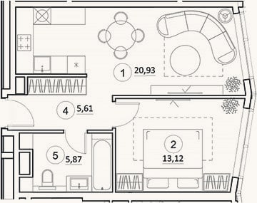 Планировка: 2-к, 45,5 м²