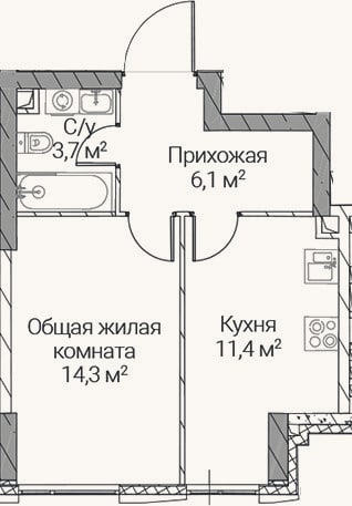 Планировка: 1-к, 35,5 м²