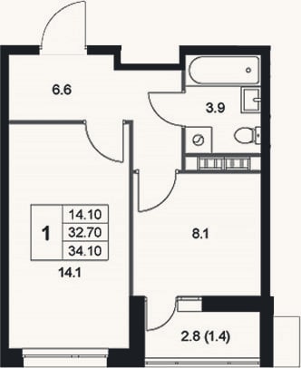 Планировка: 1-к, 32,7 м²