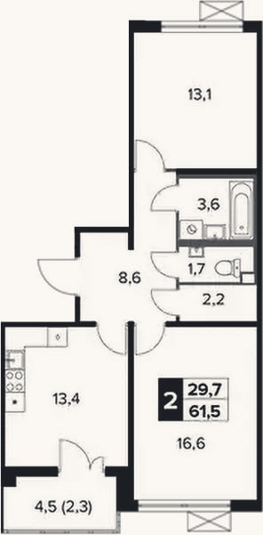 Планировка: 2-к, 59,2 м²
