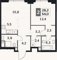Планировка: 2-к, 54 м²