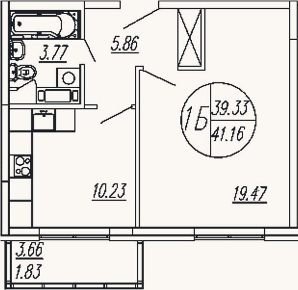 Планировка: 1-к, 39,3 м²