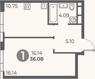 Планировка: 1-к, 36,1 м²