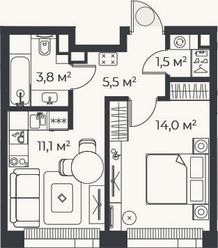 Планировка: 2-к, 35,9 м²