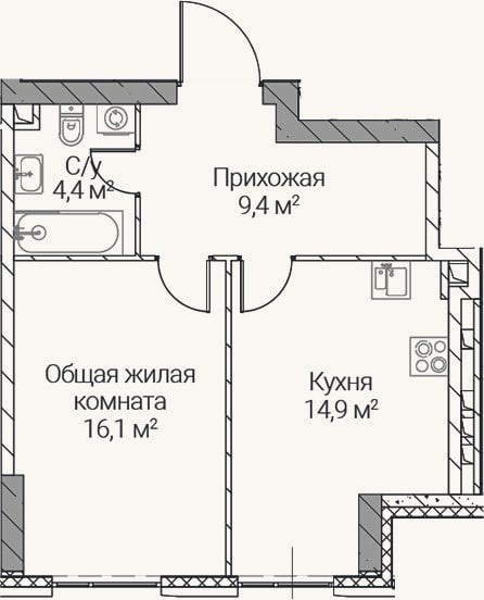 Планировка: 1-к, 44,8 м²