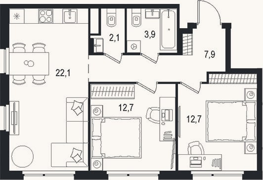 Планировка: 3-к, 61,4 м²