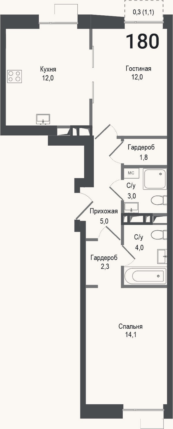 Планировка: 2-к, 54,2 м²