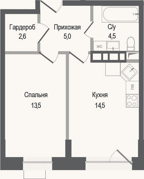 Планировка: 1-к, 40,1 м²
