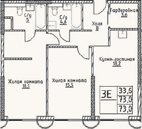 Планировка: 3-к, 73 м²