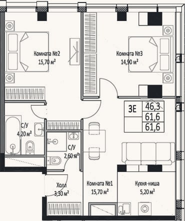 Планировка: 3-к, 61,6 м²