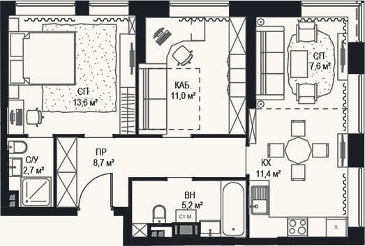 Планировка: 2-к, 61,3 м²