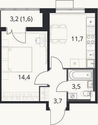 Планировка: 1-к, 33,3 м²