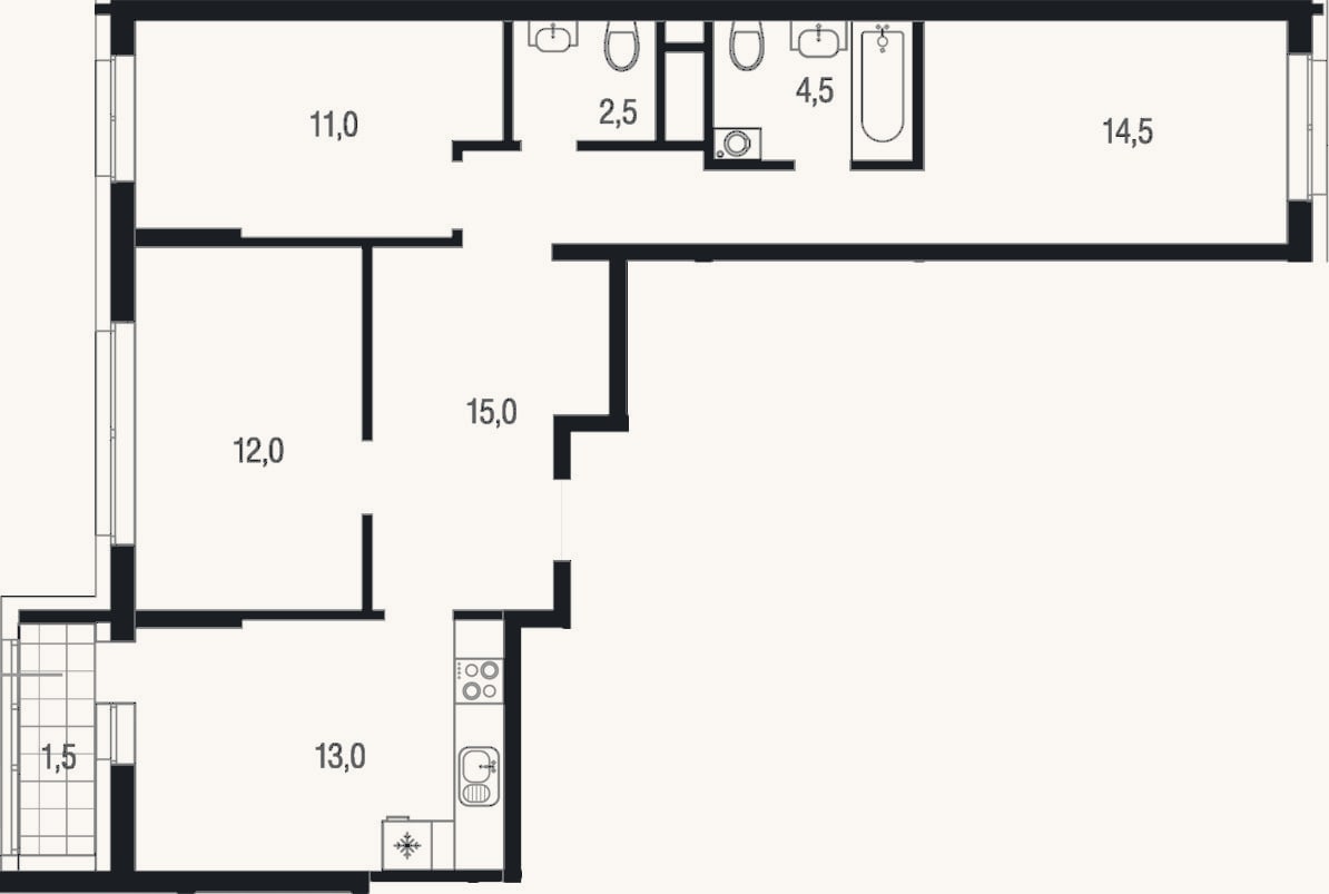 Планировка: 3-к, 72,5 м²