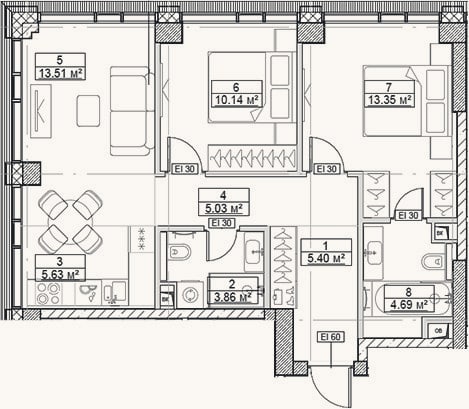 Планировка: 3-к, 61,6 м²