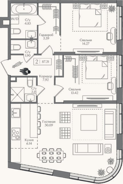 Планировка: 3-к, 87,3 м²