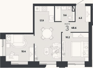 Планировка: 3-к, 48,6 м²