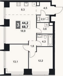 Планировка: 3-к, 68,7 м²