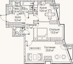 Планировка: 2-к, 63,1 м²
