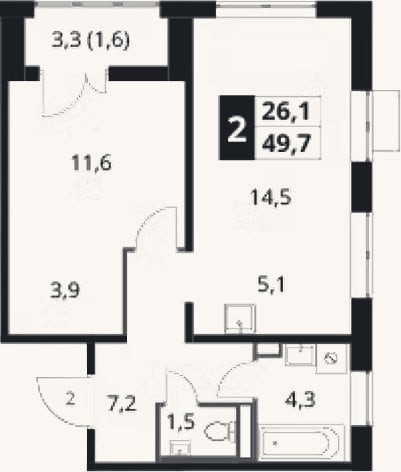 Планировка: 2-к, 48,1 м²