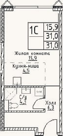 Планировка: Студия, 31 м²
