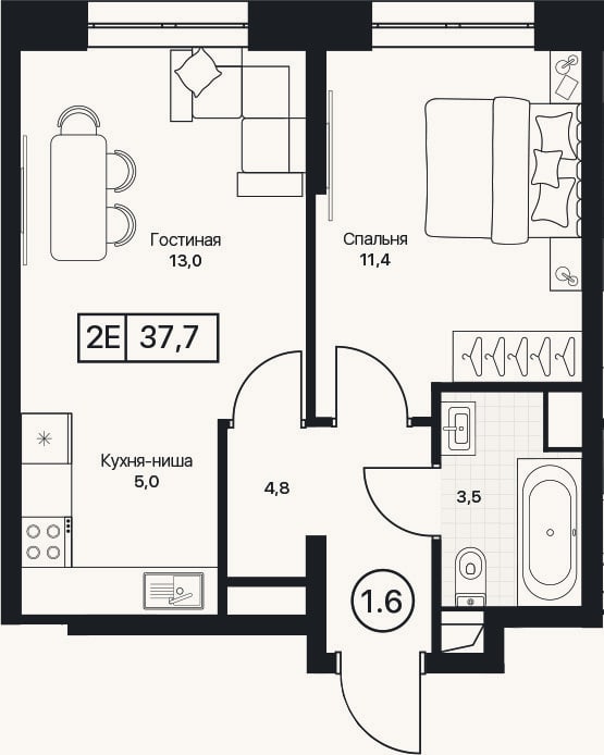 Планировка: 2-к, 37,7 м²