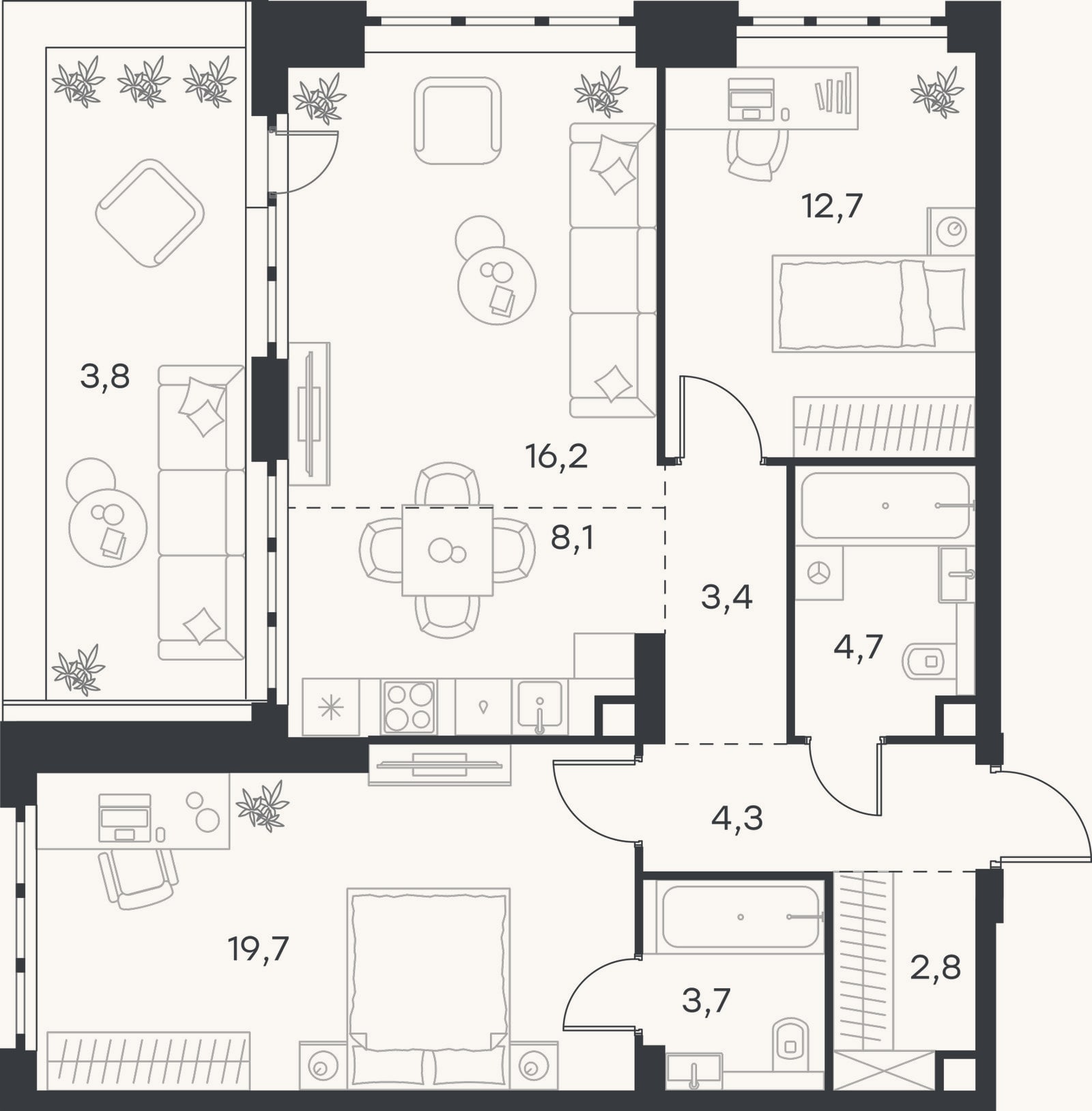 Планировка: 3-к, 75,6 м²
