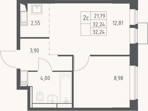 Планировка: 2-к, 32,2 м²