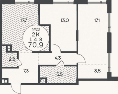 Планировка: 2-к, 70,9 м²