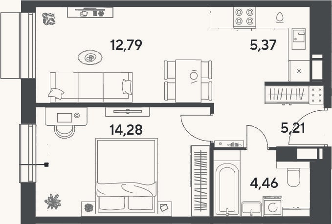 Планировка: 2-к, 42,1 м²