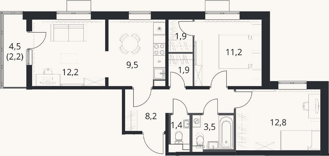 Планировка: 3-к, 62,6 м²