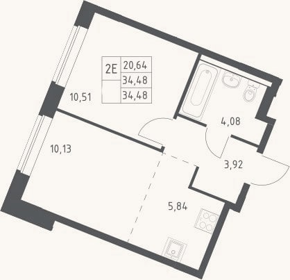 Планировка: 2-к, 34,5 м²