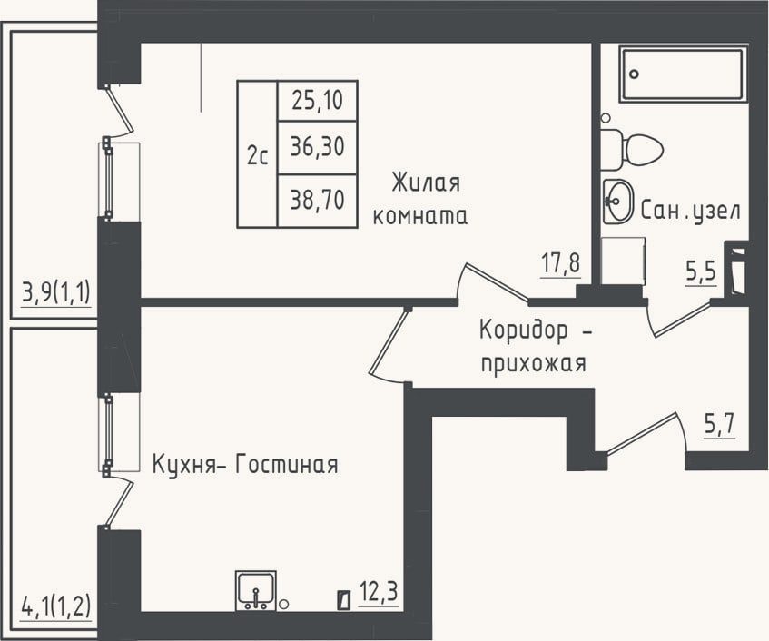 Планировка: 1-к, 36,3 м²