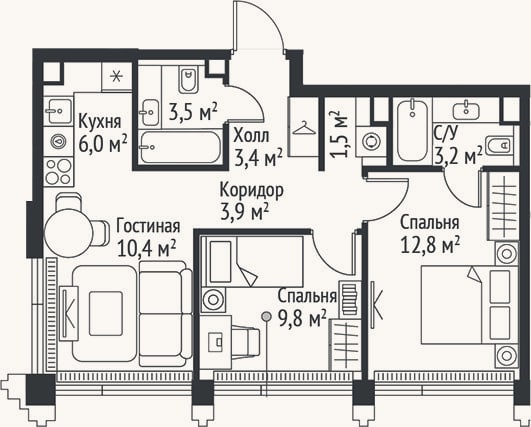 Планировка: 3-к, 54,5 м²