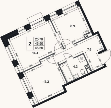Планировка: 2-к, 46,5 м²