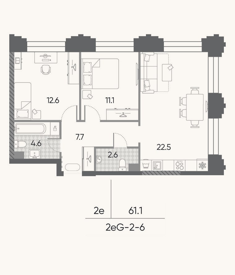Планировка: 3-к, 61,1 м²