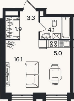 Планировка: Студия, 30,4 м²