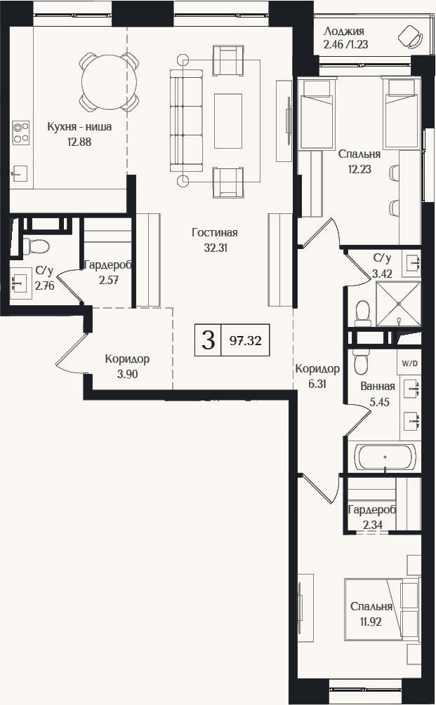 Планировка: 3-к, 96,1 м²