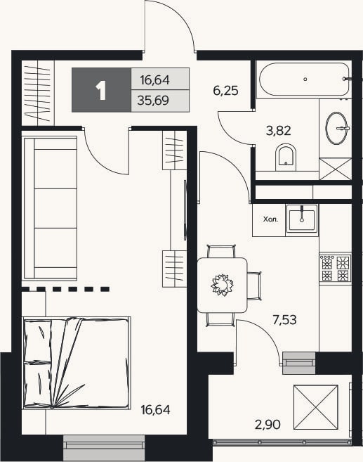 Планировка: 1-к, 34,2 м²
