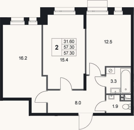 Планировка: 2-к, 57,3 м²