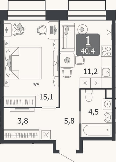 Планировка: 1-к, 40,4 м²