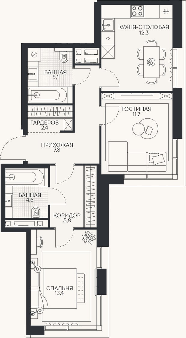 Планировка: 2-к, 63,1 м²