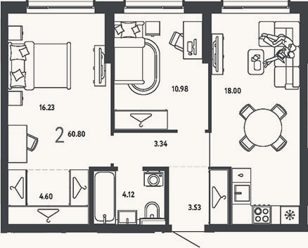 Планировка: 2-к, 60,8 м²