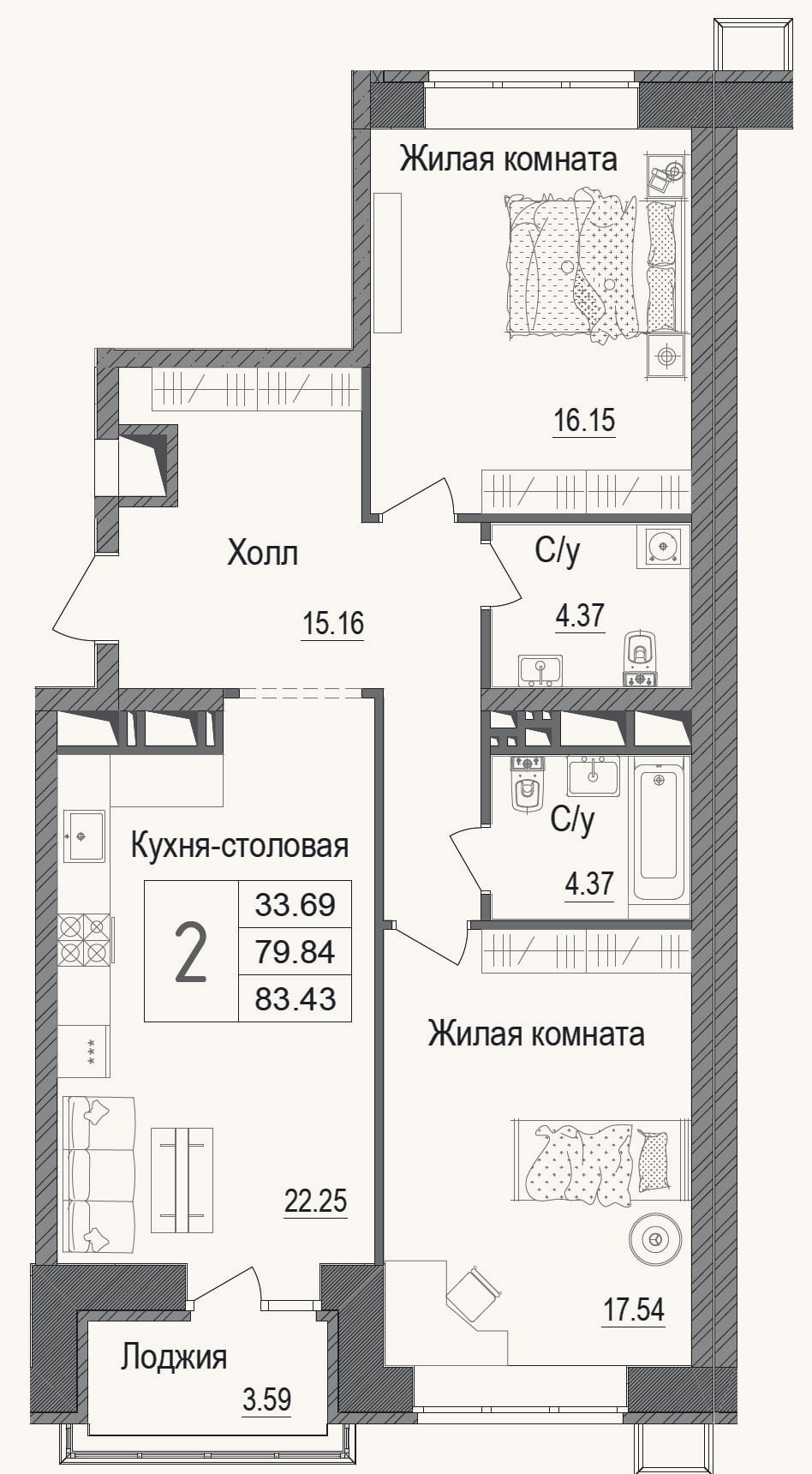 Планировка: 2-к, 81,7 м²