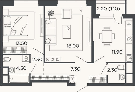 Планировка: 2-к, 59,8 м²