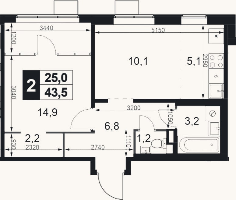 Планировка: 2-к, 43,5 м²