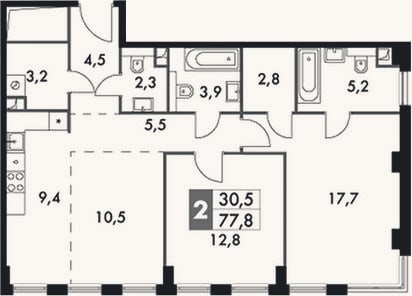 Планировка: 3-к, 77,8 м²