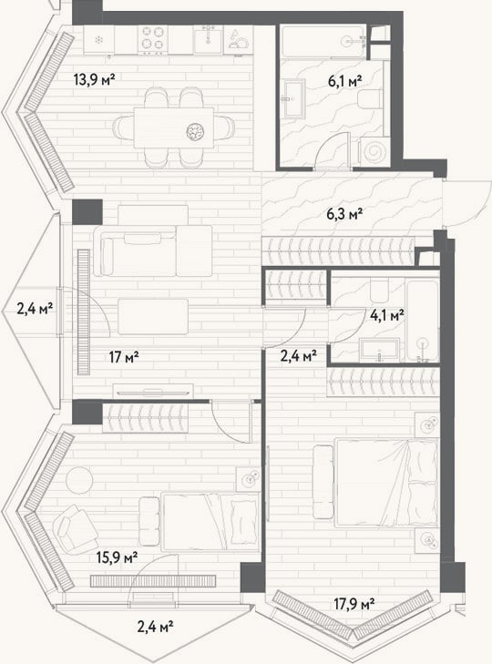 Планировка: 3-к, 83,6 м²
