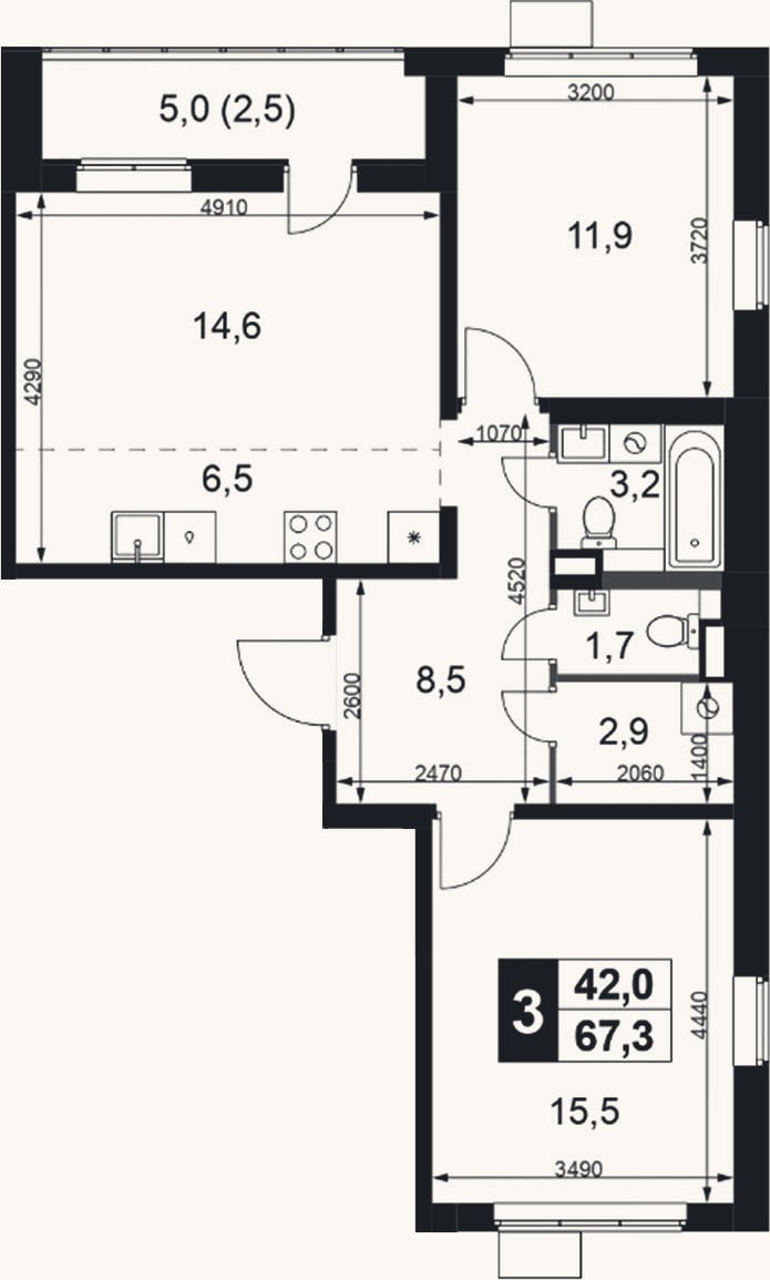 Планировка: 3-к, 64,8 м²